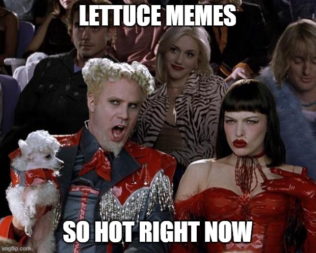 Mugatu So Hot Right Now | LETTUCE MEMES; SO HOT RIGHT NOW | image tagged in memes,mugatu so hot right now,lettuce | made w/ Imgflip meme maker