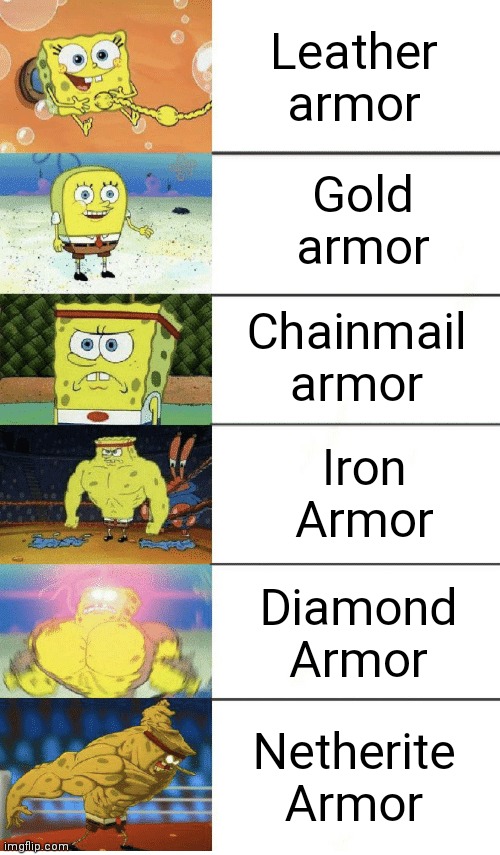 6 panel buff spongebob | Leather armor Gold armor Chainmail armor Iron Armor Diamond Armor Netherite Armor | image tagged in 6 panel buff spongebob | made w/ Imgflip meme maker