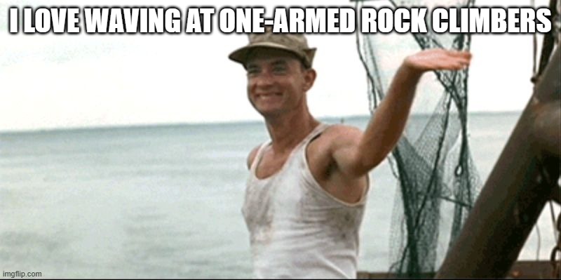 Forest Gump waving | I LOVE WAVING AT ONE-ARMED ROCK CLIMBERS | image tagged in forest gump waving | made w/ Imgflip meme maker