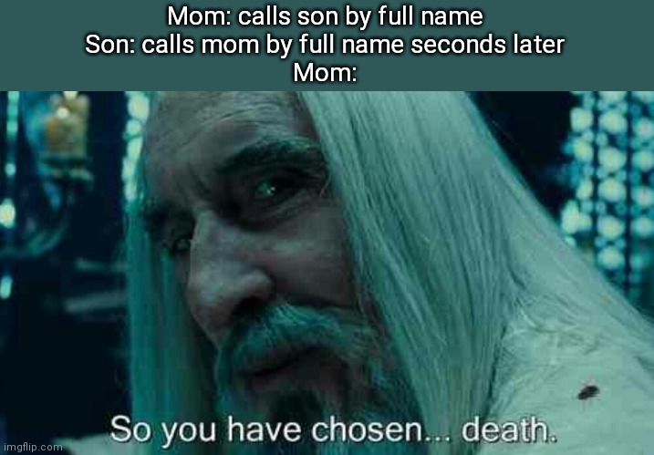Never go for the full name |  Mom: calls son by full name
Son: calls mom by full name seconds later
Mom: | image tagged in so you have chosen death | made w/ Imgflip meme maker