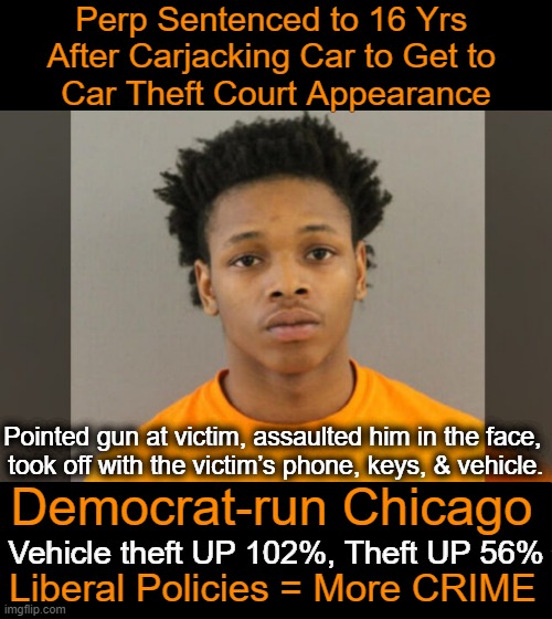 Not rocket science except to radical progressives!! | Perp Sentenced to 16 Yrs 
After Carjacking Car to Get to 
Car Theft Court Appearance; Pointed gun at victim, assaulted him in the face, 
took off with the victim’s phone, keys, & vehicle. Democrat-run Chicago; Vehicle theft UP 102%, Theft UP 56%; Liberal Policies = More CRIME | image tagged in politics,chicago,crime,liberal logic,criminals,democrats | made w/ Imgflip meme maker