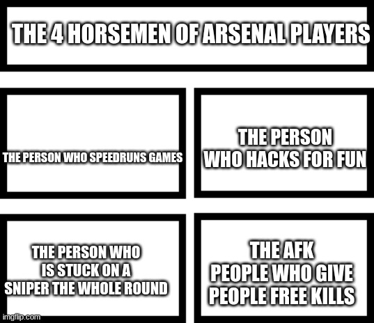 The chart is from my personal experience | THE 4 HORSEMEN OF ARSENAL PLAYERS; THE PERSON WHO HACKS FOR FUN; THE PERSON WHO SPEEDRUNS GAMES; THE AFK PEOPLE WHO GIVE PEOPLE FREE KILLS; THE PERSON WHO IS STUCK ON A SNIPER THE WHOLE ROUND | image tagged in 4 horsemen of | made w/ Imgflip meme maker
