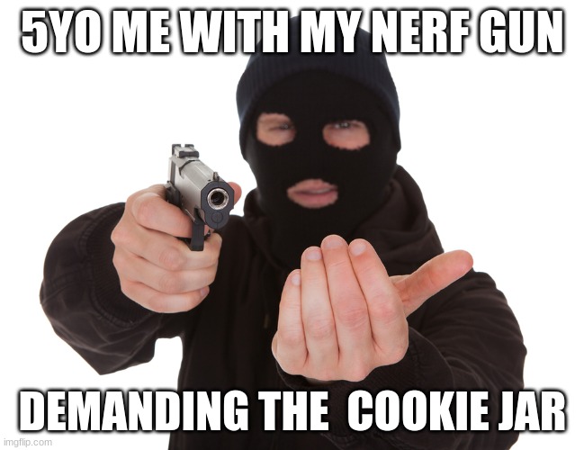robbery | 5YO ME WITH MY NERF GUN; DEMANDING THE  COOKIE JAR | image tagged in robbery | made w/ Imgflip meme maker