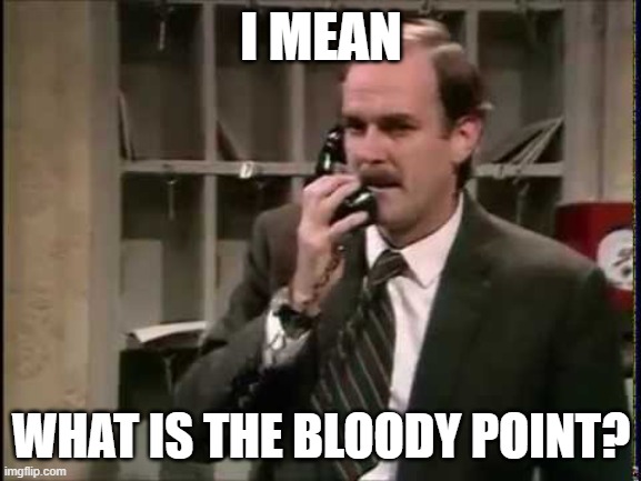 What is the point? | I MEAN; WHAT IS THE BLOODY POINT? | image tagged in basil fawlty,fawlty towers,what is the point | made w/ Imgflip meme maker