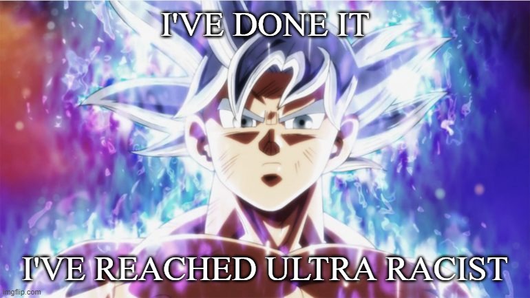 Ultra Instinct | I'VE DONE IT; I'VE REACHED ULTRA RACIST | image tagged in ultra instinct | made w/ Imgflip meme maker