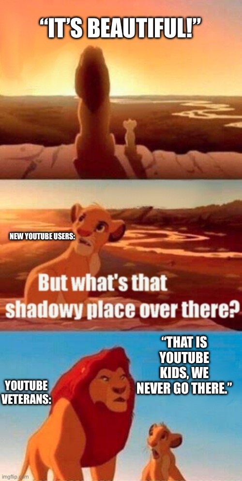 Don’t go there | “IT’S BEAUTIFUL!”; NEW YOUTUBE USERS:; “THAT IS YOUTUBE KIDS, WE NEVER GO THERE.”; YOUTUBE VETERANS: | image tagged in memes,simba shadowy place | made w/ Imgflip meme maker