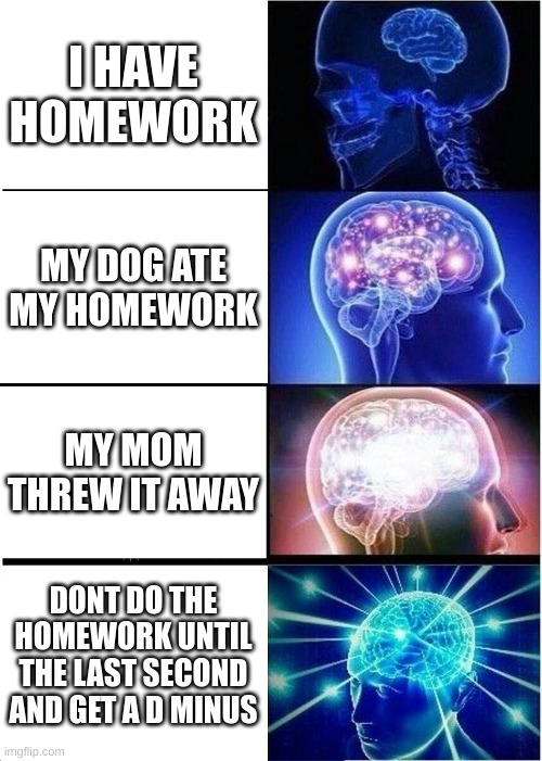 Expanding Brain Meme | I HAVE HOMEWORK; MY DOG ATE MY HOMEWORK; MY MOM THREW IT AWAY; DONT DO THE HOMEWORK UNTIL THE LAST SECOND AND GET A D MINUS | image tagged in memes,expanding brain | made w/ Imgflip meme maker