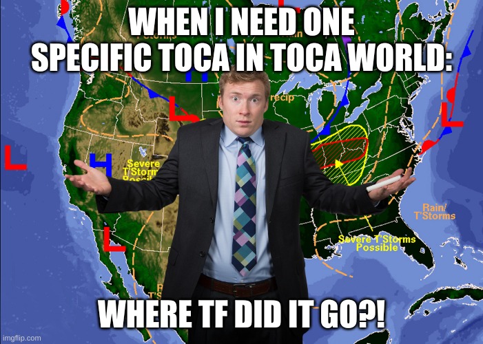 toca world be like... | WHEN I NEED ONE SPECIFIC TOCA IN TOCA WORLD:; WHERE TF DID IT GO?! | image tagged in funny weatherman | made w/ Imgflip meme maker