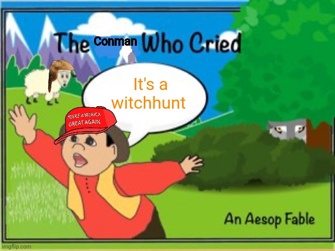 Whaaaaaaaa | Conman; It's a witchhunt | image tagged in the boy who cried wolf | made w/ Imgflip meme maker