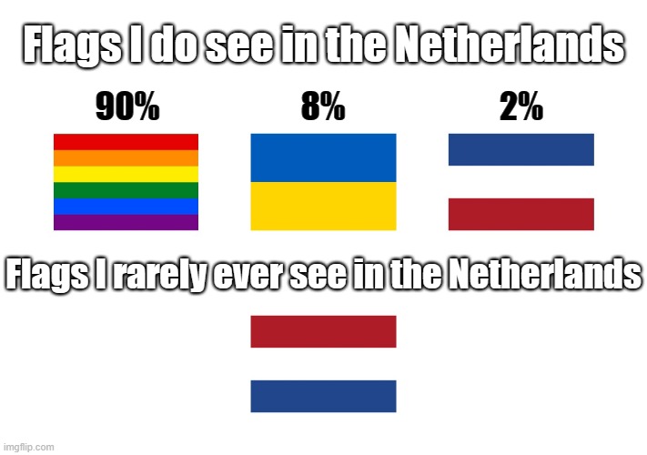 Dutch people sure do love their country | Flags I do see in the Netherlands; 90%; 8%; 2%; Flags I rarely ever see in the Netherlands | image tagged in netherlands,dutch,lgbtq,ukraine,flags | made w/ Imgflip meme maker