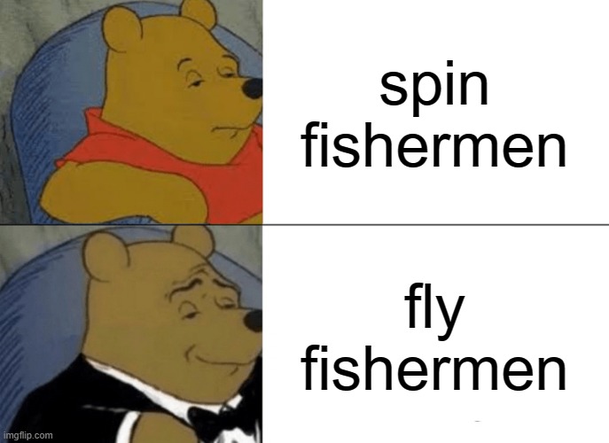 Tuxedo Winnie The Pooh | spin fishermen; fly fishermen | image tagged in memes,tuxedo winnie the pooh | made w/ Imgflip meme maker