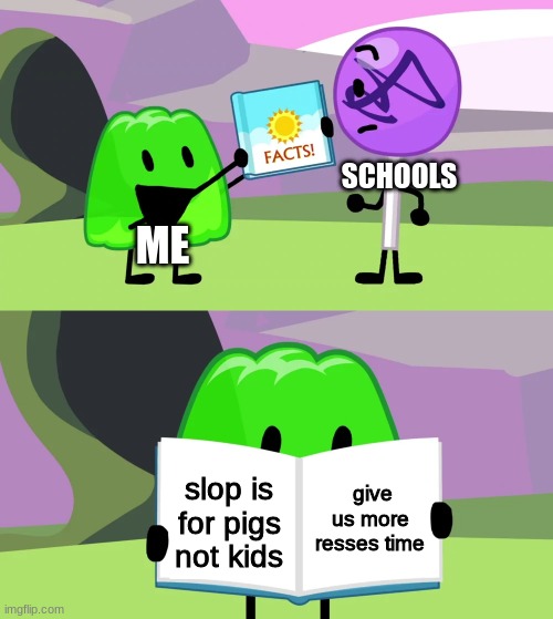 t r u e d o e |  SCHOOLS; ME; give us more resses time; slop is for pigs not kids | image tagged in gelatin's book of facts | made w/ Imgflip meme maker