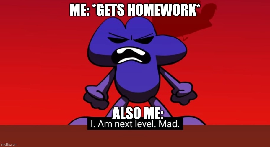 lol xD true doe | ME: *GETS HOMEWORK*; ALSO ME: | image tagged in bfb i am next level mad | made w/ Imgflip meme maker