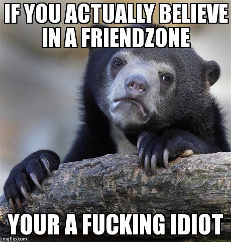 Confession Bear Meme | IF YOU ACTUALLY BELIEVE IN A FRIENDZONE YOUR A F**KING IDIOT | image tagged in memes,confession bear | made w/ Imgflip meme maker