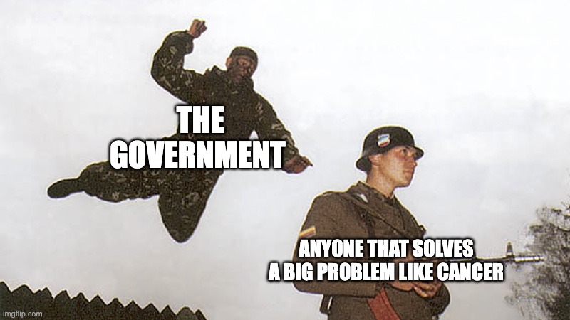 something tells me they didnt just "go missing" if i die that proves my point | THE GOVERNMENT; ANYONE THAT SOLVES A BIG PROBLEM LIKE CANCER | image tagged in soldier jump spetznaz | made w/ Imgflip meme maker