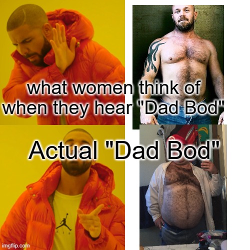 Real vs fake dad bods | what women think of when they hear "Dad Bod"; Actual "Dad Bod" | image tagged in memes,drake hotline bling | made w/ Imgflip meme maker