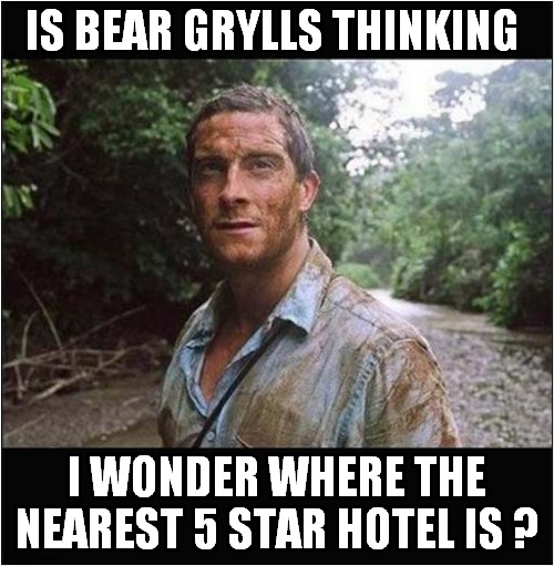 Why Suffer ? | IS BEAR GRYLLS THINKING; I WONDER WHERE THE NEAREST 5 STAR HOTEL IS ? | image tagged in bear grylls,suffering,hotel | made w/ Imgflip meme maker