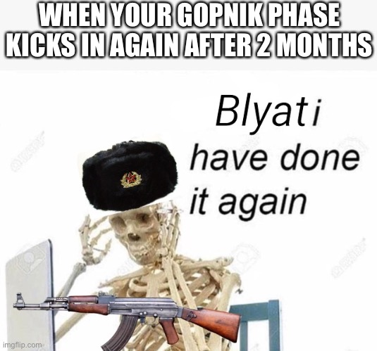 Vadim blyat | WHEN YOUR GOPNIK PHASE KICKS IN AGAIN AFTER 2 MONTHS | image tagged in blyat i have done it again,funny,memes | made w/ Imgflip meme maker