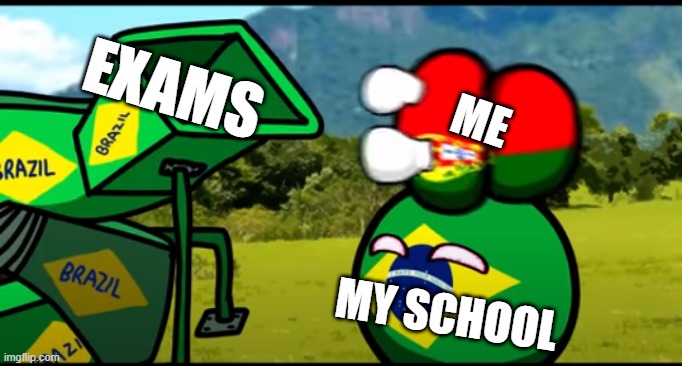 exams | EXAMS; ME; MY SCHOOL | image tagged in you're going to brazil,school exams,countryballs | made w/ Imgflip meme maker