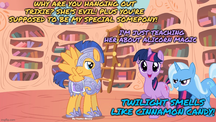 Mlp library | WHY ARE YOU HANGING OUT TRIXIE? SHE'S EVIL! PLUS YOU'RE SUPPOSED TO BE MY SPECIAL SOMEPONY! I'M JUST TEACHING HER ABOUT ALICORN MAGIC TWILIG | image tagged in mlp library | made w/ Imgflip meme maker