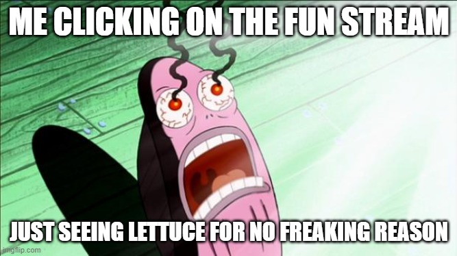my eyes | ME CLICKING ON THE FUN STREAM; JUST SEEING LETTUCE FOR NO FREAKING REASON | image tagged in spongebob my eyes,lettuce,why | made w/ Imgflip meme maker