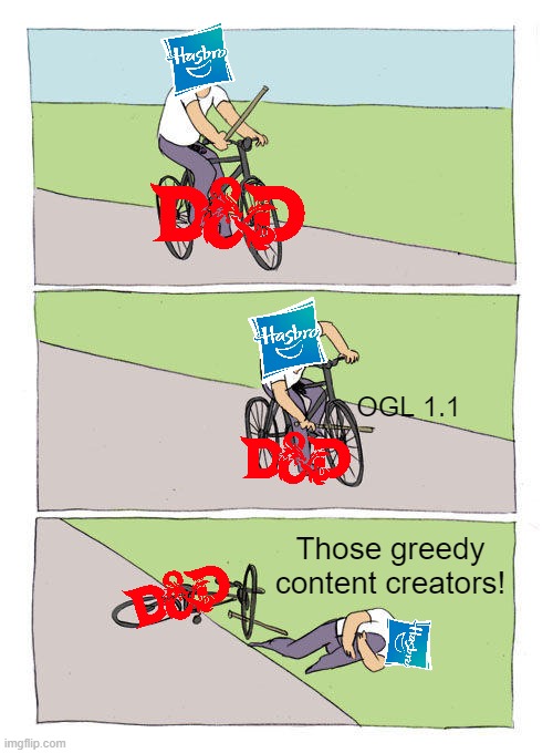 OGL 1.1 | OGL 1.1; Those greedy content creators! | image tagged in memes,bike fall | made w/ Imgflip meme maker