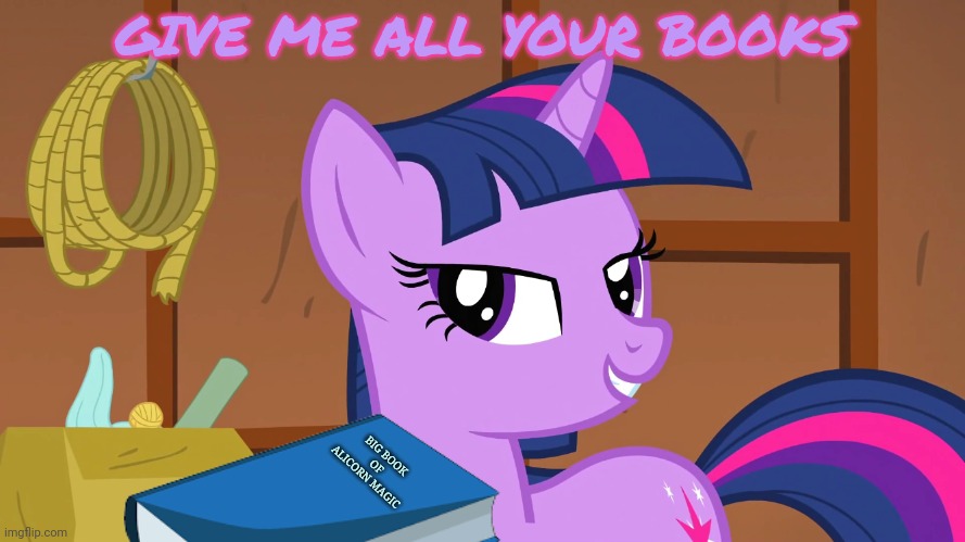 Twilight Sparkle “One Day.” | GIVE ME ALL YOUR BOOKS BIG BOOK OF ALICORN MAGIC | image tagged in twilight sparkle one day | made w/ Imgflip meme maker