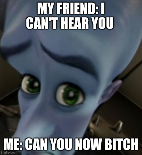 idk | MY FRIEND: I CAN'T HEAR YOU; ME: CAN YOU NOW BITCH | image tagged in megamind no bitches | made w/ Imgflip meme maker