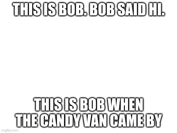 Blank White Template | THIS IS BOB. BOB SAID HI. THIS IS BOB WHEN THE CANDY VAN CAME BY | image tagged in blank white template | made w/ Imgflip meme maker