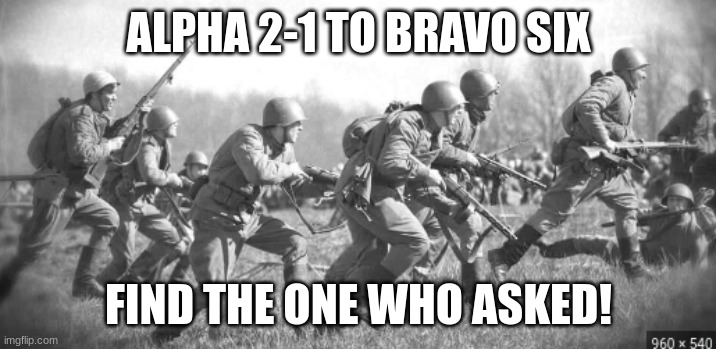 World War II | ALPHA 2-1 TO BRAVO SIX FIND THE ONE WHO ASKED! | image tagged in world war ii | made w/ Imgflip meme maker