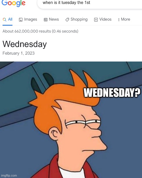 google is very much wierd | WEDNESDAY? | image tagged in you had one job,futurama fry,google,wednesday | made w/ Imgflip meme maker