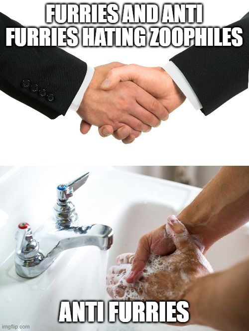 handshake washing hand | FURRIES AND ANTI FURRIES HATING ZOOPHILES ANTI FURRIES | image tagged in handshake washing hand | made w/ Imgflip meme maker