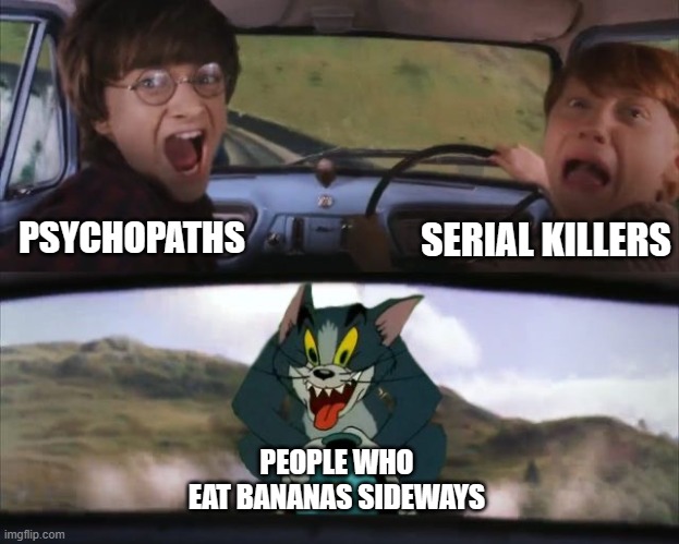 Apparently some people eat bananas that way | PSYCHOPATHS; SERIAL KILLERS; PEOPLE WHO EAT BANANAS SIDEWAYS | image tagged in tom chasing harry and ron weasly,bananas | made w/ Imgflip meme maker