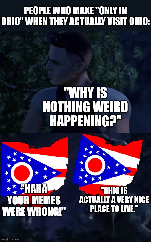 Stop with the only in Ohio memes! | PEOPLE WHO MAKE "ONLY IN OHIO" WHEN THEY ACTUALLY VISIT OHIO:; "WHY IS NOTHING WEIRD HAPPENING?"; "OHIO IS ACTUALLY A VERY NICE PLACE TO LIVE."; "HAHA YOUR MEMES WERE WRONG!" | image tagged in reed's death,ohio | made w/ Imgflip meme maker
