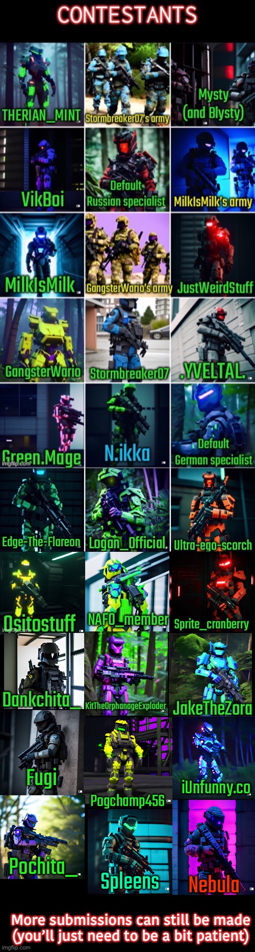 27 competitors now, 13 spots remaining | Fugi; iUnfunny.co; Pogchamp456; Nebula; Spleens; Pochita_; More submissions can still be made (you’ll just need to be a bit patient) | image tagged in balls,war arena | made w/ Imgflip meme maker