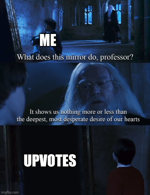 I'm not upvote begging please don't demonatize me | ME; UPVOTES | image tagged in harry potter mirror,why are you reading this | made w/ Imgflip meme maker