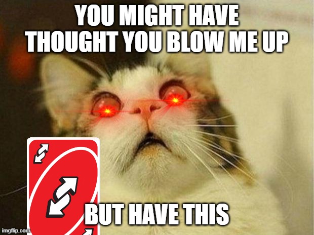 uno &!@H | YOU MIGHT HAVE THOUGHT YOU BLOW ME UP; BUT HAVE THIS | image tagged in memes,scared cat | made w/ Imgflip meme maker