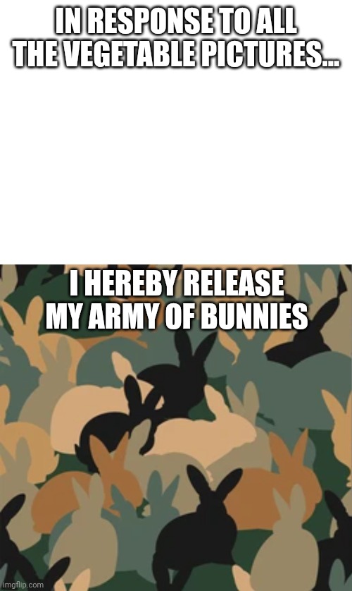 The pictures of random vegetables have got to stop | IN RESPONSE TO ALL THE VEGETABLE PICTURES... I HEREBY RELEASE MY ARMY OF BUNNIES | image tagged in blank white template,bunnies | made w/ Imgflip meme maker