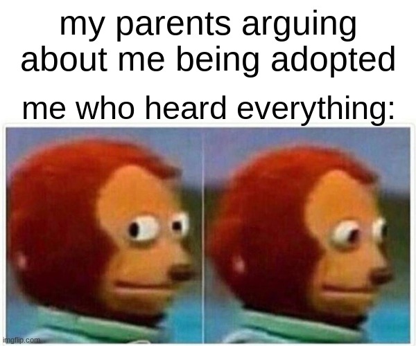 Monkey Puppet Meme | my parents arguing about me being adopted; me who heard everything: | image tagged in memes,monkey puppet | made w/ Imgflip meme maker