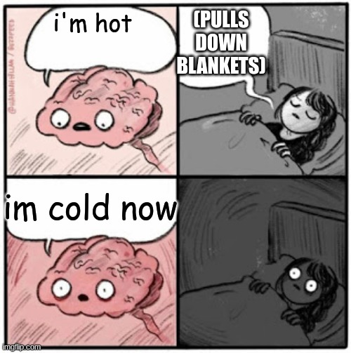 FR THO | (PULLS DOWN BLANKETS); i'm hot; im cold now | image tagged in brain before sleep | made w/ Imgflip meme maker