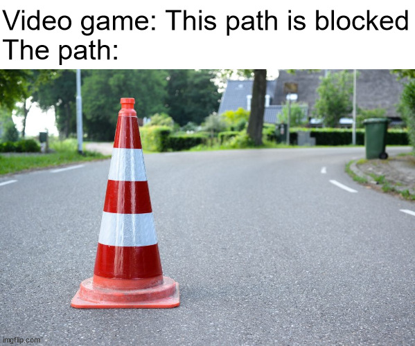 blocked path | Video game: This path is blocked
The path: | image tagged in video games,blocked,path,road,cone | made w/ Imgflip meme maker