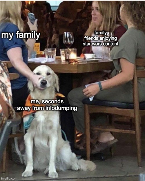 but they must know everything, too!!!! | my family; family friends enjoying star wars content; me, seconds away from infodumping | image tagged in lady holding dog mouth closed | made w/ Imgflip meme maker