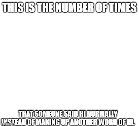 they hit you with the "jellow" or "Howdy" | THIS IS THE NUMBER OF TIMES; THAT SOMEONE SAID HI NORMALLY INSTEAD OF MAKING UP ANOTHER WORD OF HI. | image tagged in hello | made w/ Imgflip meme maker