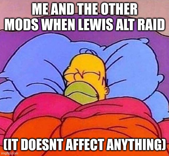 Homer Simpson sleeping peacefully |  ME AND THE OTHER MODS WHEN LEWIS ALT RAID; (IT DOESNT AFFECT ANYTHING) | image tagged in homer simpson sleeping peacefully | made w/ Imgflip meme maker