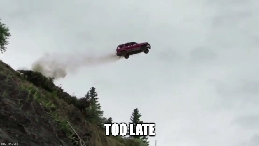 Car Driving Off Cliff | TOO LATE | image tagged in car driving off cliff | made w/ Imgflip meme maker