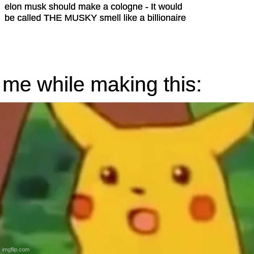 Surprised Pikachu | elon musk should make a cologne - It would be called THE MUSKY smell like a billionaire; me while making this: | image tagged in memes,surprised pikachu | made w/ Imgflip meme maker