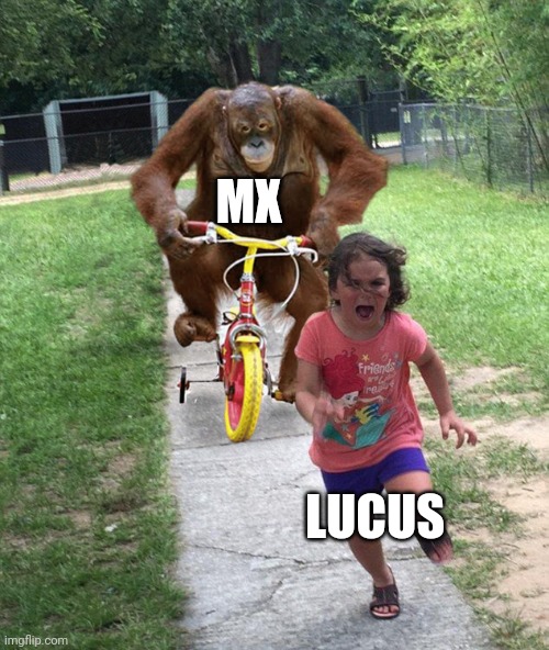 Mario 85 in a nutshell | MX; LUCUS | image tagged in orangutan chasing girl on a tricycle | made w/ Imgflip meme maker