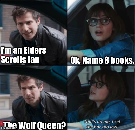 Elder scrolls literature | I’m an Elders Scrolls fan; Ok, Name 8 books. The Wolf Queen? | image tagged in skyrim,brooklyn 99 set the bar too low | made w/ Imgflip meme maker