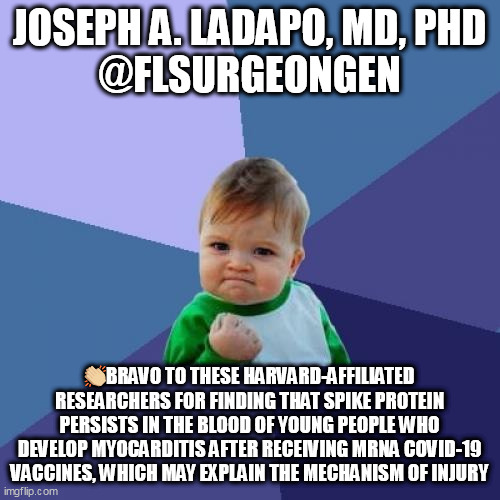 Success Kid Meme | JOSEPH A. LADAPO, MD, PHD
@FLSURGEONGEN; 👏🏼BRAVO TO THESE HARVARD-AFFILIATED RESEARCHERS FOR FINDING THAT SPIKE PROTEIN PERSISTS IN THE BLOOD OF YOUNG PEOPLE WHO DEVELOP MYOCARDITIS AFTER RECEIVING MRNA COVID-19 VACCINES, WHICH MAY EXPLAIN THE MECHANISM OF INJURY | image tagged in memes,success kid | made w/ Imgflip meme maker