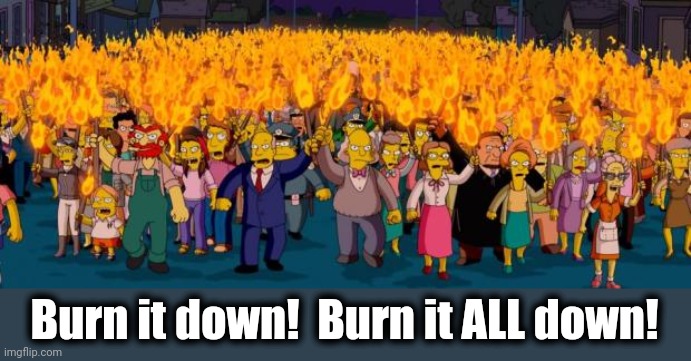 Simpsons angry mob torches | Burn it down!  Burn it ALL down! | image tagged in simpsons angry mob torches | made w/ Imgflip meme maker